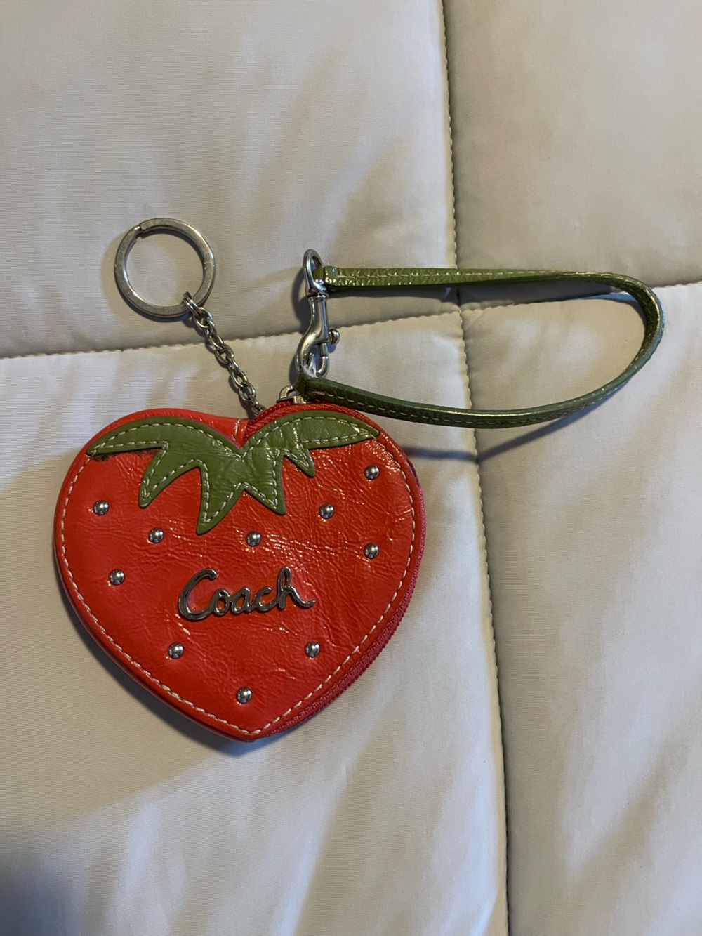 Coach Red Strawberry Wristlet Keychain with Green Leaf Strap